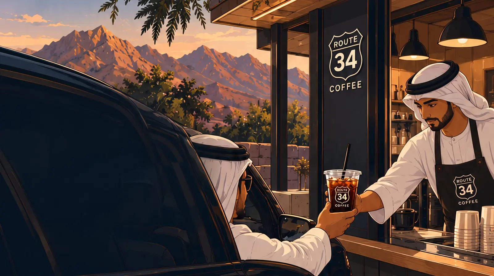 Illustration: an Emirati barista in a white kandura and ghutra hands a ROUTE 34 iced V60 from the drive-through window to a driver in a black car, with the Hajar mountains glowing at sunset behind