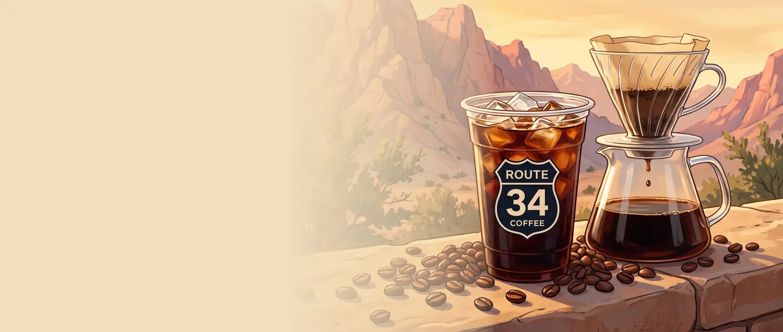Illustration: a ROUTE 34 iced V60 beside a glass V60 dripper and carafe on a sandstone ledge scattered with coffee beans, with the mountains at sunset behind