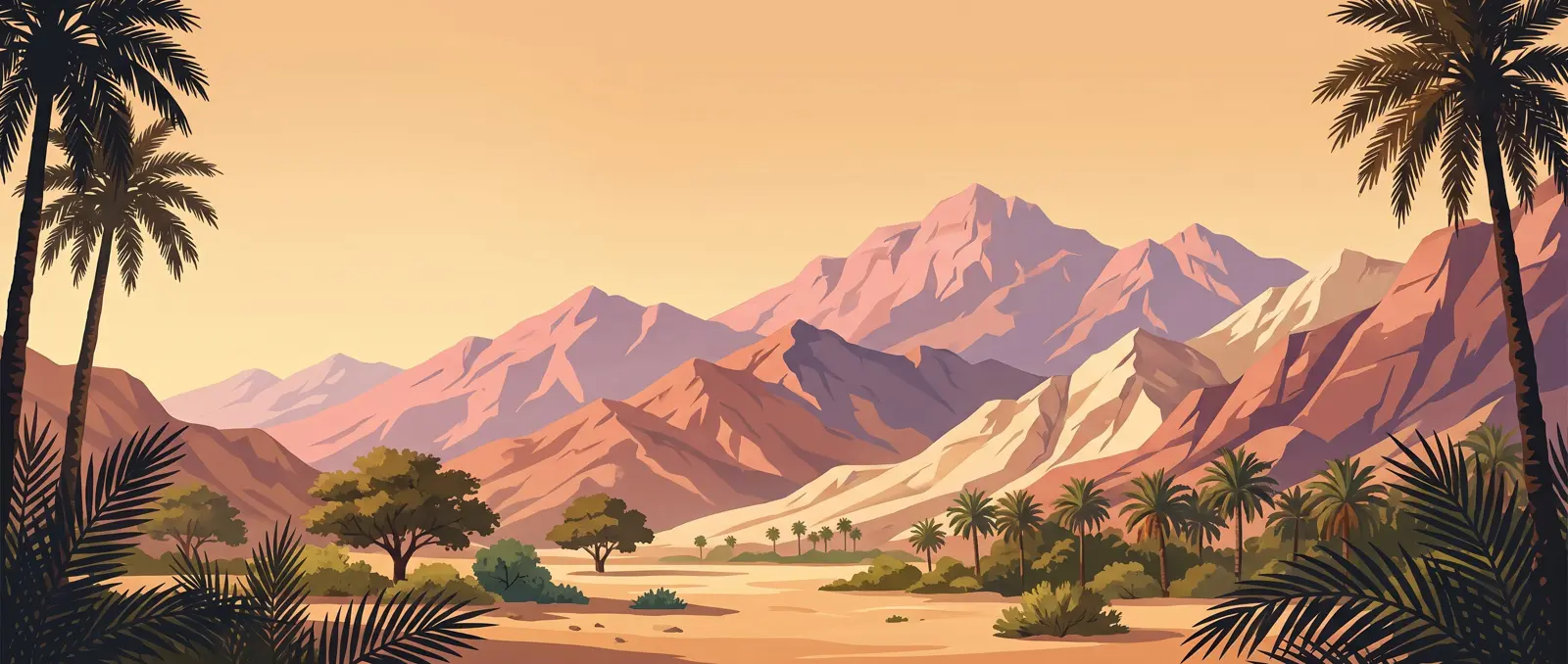 Illustration: the Hajar mountains of Ras Al Khaimah at golden hour, with date palms and desert trees in the valley